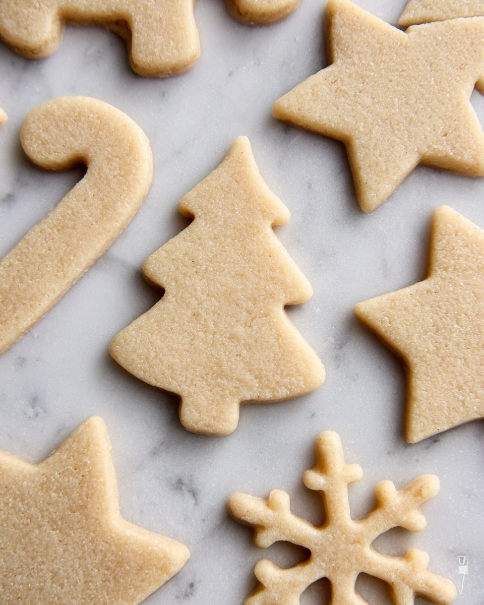 Raw cookie dough cut into various holiday shapes is spread out on a white marbled texture. The dough is a light beige color, slightly textured but smooth, and about one even layer thick. Shapes include a candy cane with a rounded end, a Christmas tree with a flat top, several five-pointed stars, and a detailed snowflake with six points and intricate edges. The cookies are placed close but not touching, showing clear, sharp edges against the white marbled background. photo taken with an iphone --ar 4:5 --v 7