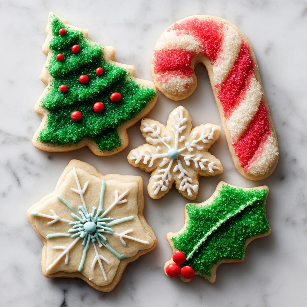 The image shows a variety of colorful Christmas-themed sugar cookies arranged on a white marbled surface. There are four main cookies visible: a green Christmas tree with rough green icing topped with small red candy balls, a candy cane shaped cookie with alternating thick red and white icing stripes, a white snowflake cookie with piped white frosting and a small blue candy in the center, and a green holly leaf cookie with rough green icing and three small red candy balls in the center representing berries. The cookies are decorated with textured, piped frosting that gives them a festive and detailed look. photo taken with an iphone --ar 4:5 --v 7