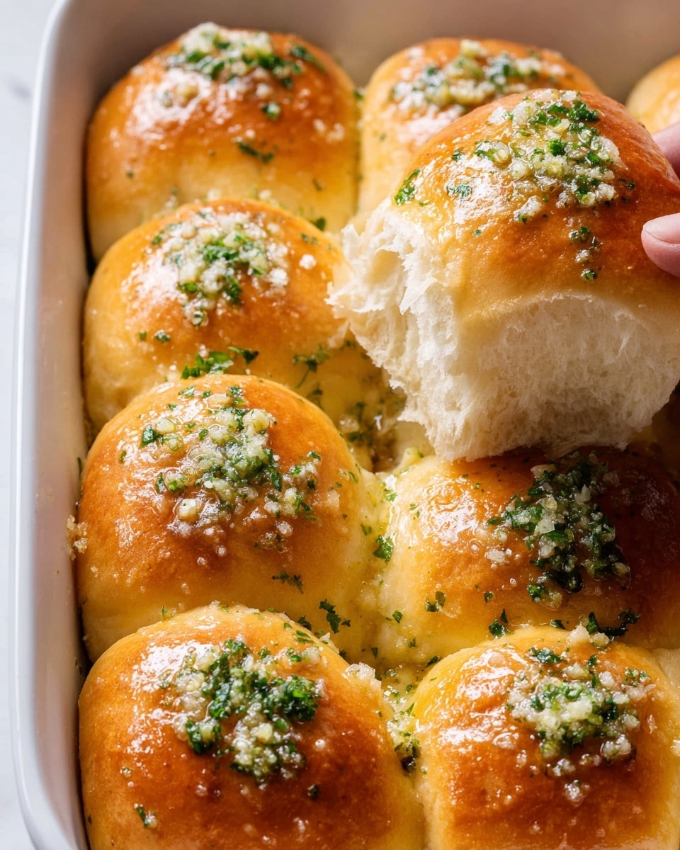 A close-up of nine soft, golden brown dinner rolls tightly placed together in a white tray, each roll topped with a shiny glaze and sprinkled with small pieces of bright green parsley and bits of white garlic. The rolls have a smooth, slightly shiny surface with a rich toasted color on top, and the edges where the rolls touch are pale and fluffy. The herbs and garlic pieces are unevenly scattered, giving a fresh and textured look. The background shows a white marbled texture. photo taken with an iphone --ar 4:5 --v 7