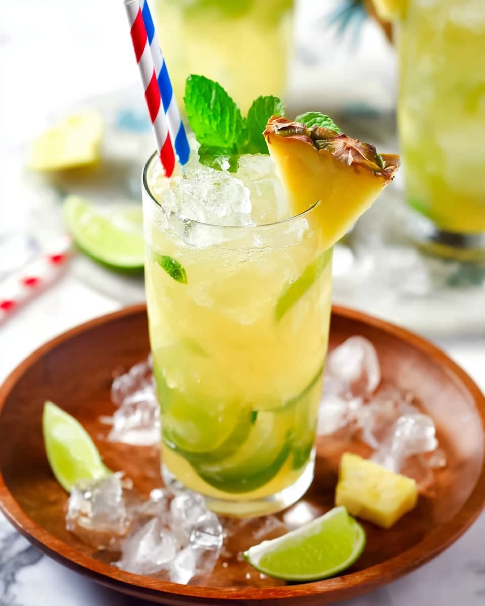 A tall clear glass filled with light yellow juice mixed with crushed ice fills most of the frame. Inside the glass, thin green lime slices and a small dark brown pineapple chunk float near the top, adding texture. The glass is topped with white crushed ice, garnished with a bright green mint leaf, a wedge of green lime on the rim, and a triangular yellow pineapple slice with brown edges placed along the rim. Two striped paper straws—one red and white, the other blue and white—stand tall in the drink. The glass sits on a round wooden tray covered with clear ice cubes and surrounded by additional lime wedges and pineapple chunks. The background features a white marbled surface and blurred glasses with similar drinks. photo taken with an iphone --ar 4:5 --v 7