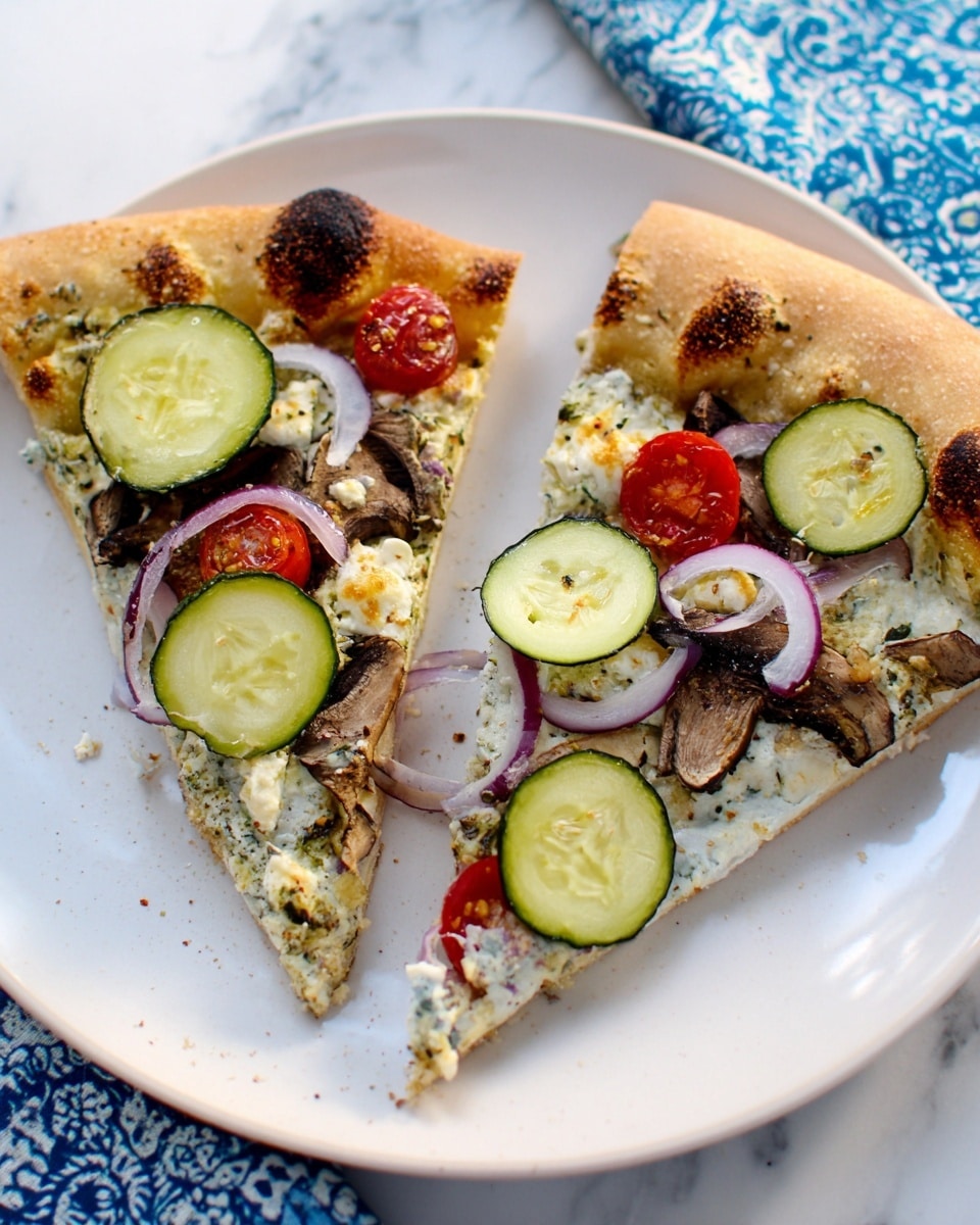 Two slices of vegan pizza are placed on a white plate with a slightly textured crust that is golden brown with some darker spots. The bottom layer consists of a light spread of herb-infused white sauce covered with roasted vegetables including mushrooms, cherry tomatoes, and thin slices of red onion. The top layer consists of fresh cucumber slices that are bright green with a smooth texture, scattered evenly over the pizza. The plate is set on a white marbled surface with a glimpse of a blue and white patterned cloth in the background. Photo taken with an iphone --ar 4:5 --v 7