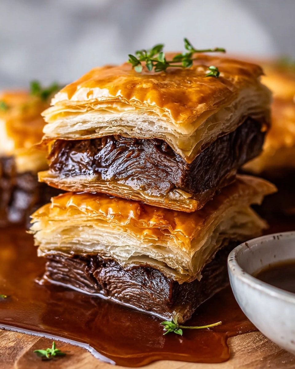 The image shows three pieces of beef Wellington stacked on a wooden board with a white marbled texture in the background. Each piece has three layers: the top and bottom are a golden, flaky puff pastry that looks crisp and shiny, while the middle layer is thick, tender, and dark brown beef that appears juicy and well-cooked. Small green sprigs of herbs rest delicately on the top pastry pieces. There is a rich, glossy brown sauce pooling around the pieces, adding a moist, appetizing look. A small white bowl containing some sauce is partially visible in the background. Photo taken with an iphone --ar 4:5 --v 7