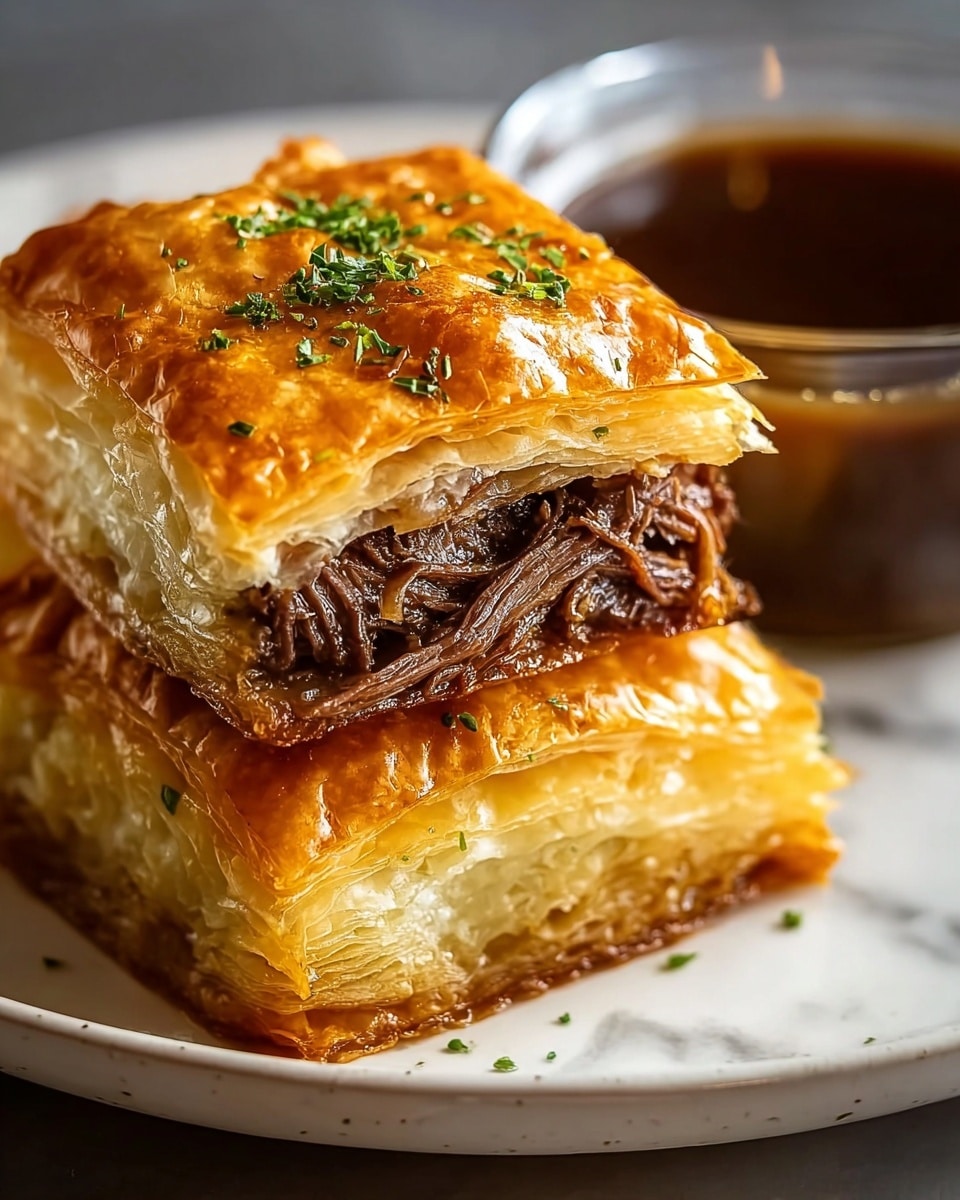 The image shows two square pieces of layered pastry stacked on a white plate, each piece having three main layers: a crisp golden-brown top layer with a flaky texture and small green herbs sprinkled on it, a thick middle layer of tender, shredded dark brown meat, and a bottom layer matching the flaky top in golden color. The surface under the plate has a white marbled texture, and on the right side, a clear small bowl filled with dark brown gravy is partially visible. The focus is close-up on the pastry to show details of the layers. Photo taken with an iphone --ar 4:5 --v 7