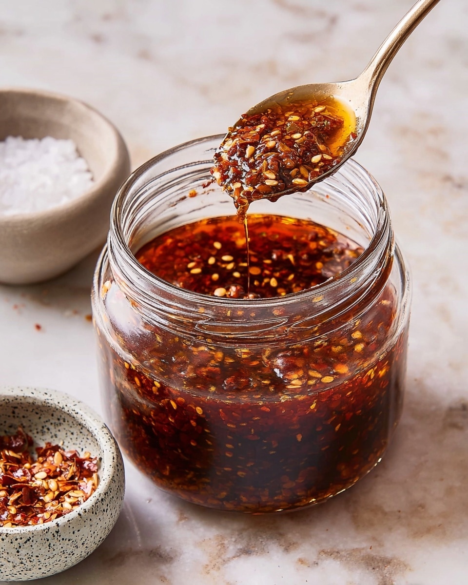 A clear glass jar filled with a dark reddish-brown chili oil sauce, showing layers of crushed chili flakes and seeds suspended in the oil. A metal spoon is scooping some of the thick chili flakes from the jar, the spoon held diagonally above the jar's opening. The sauce has a glossy, oily texture with visible chili bits evenly spread throughout. The jar sits on a white marbled surface, with a small white bowl of coarse salt and a speckled grey bowl of chili flakes placed nearby, adding extra visual context. photo taken with an iphone --ar 4:5 --v 7