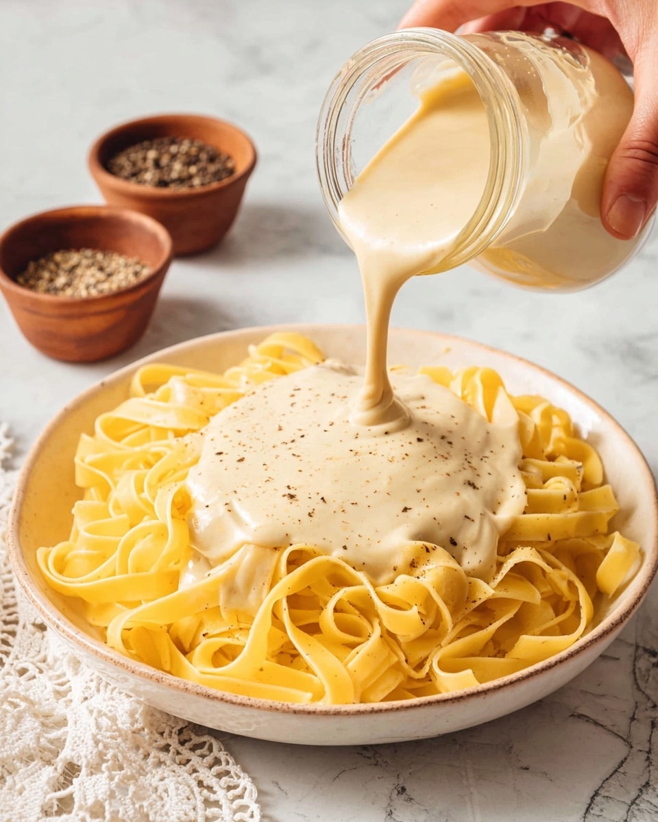 A white bowl filled with a single layer of yellow cooked fettuccine pasta sits on a white marbled surface. A creamy, thick, light beige sauce is being poured from a glass jar held by a woman's hand, covering the pasta in the center of the bowl. In the background, there are two small brown bowls, one filled with ground black pepper. A white lace cloth is partially visible to the left side. photo taken with an iphone --ar 4:5 --v 7