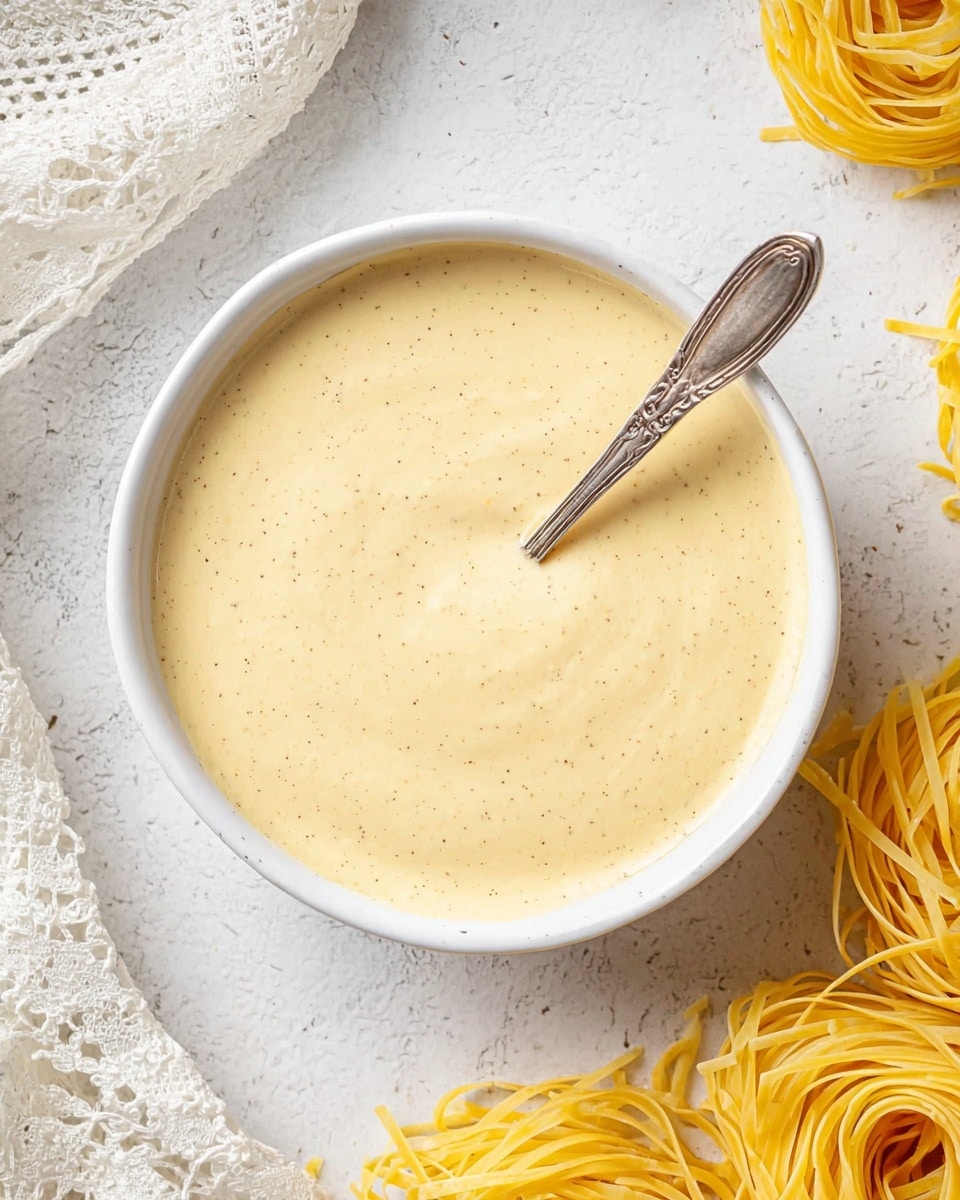A white bowl filled with a smooth, creamy beige sauce with tiny black specks on the surface, with an old-fashioned silver spoon partially dipped inside, resting on a white marbled textured surface. Around the bowl, there are three nests of uncooked yellow pasta, two at the top right and one at the bottom right, and a piece of a white lace cloth on the top left side of the bowl. photo taken with an iphone --ar 4:5 --v 7