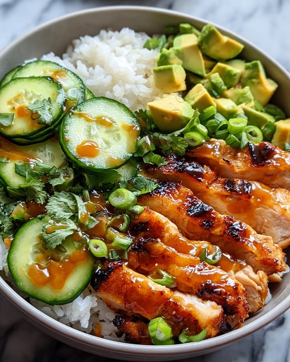 A bowl filled with four main layers, starting with a base of white rice with soft, grainy texture in the back left, next to bright green avocado cubes in the back right. In the front right, there are several slices of grilled chicken, showing light brown char marks and juicy white inside, covered with a shiny amber glaze. To the front left, thick cucumber slices with dark green skin are topped with fresh cilantro and a drizzle of the same amber sauce. The dish is garnished with small, thin green onion rings scattered mainly over the rice and chicken, all served in a white bowl on a white marbled surface. photo taken with an iphone --ar 4:5 --v 7