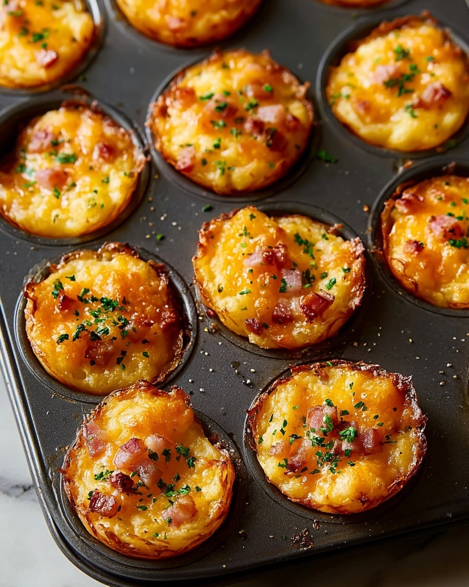 The image shows a dark muffin tray with nine golden brown mini potato nests baked in each compartment. Each round nest has a crispy outer edge and a soft, slightly lumpy texture inside. On top of the nests, there are small bits of cooked ham and melted cheddar cheese that has browned in spots, giving a shiny, bubbly look. Each nest is sprinkled with finely chopped green herbs and a light dusting of coarse black pepper grains. The tray sits on a white marbled surface. photo taken with an iphone --ar 4:5 --v 7