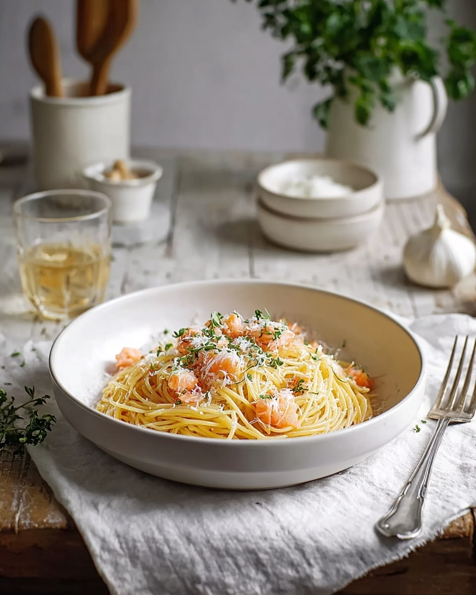 A white shallow bowl filled with a nest of thin, yellow spaghetti piled high in the center. Scattered on top and mixed within are small pink-orange chunks, likely pieces of seafood or salmon, adding pops of color. The pasta is sprinkled with a fine layer of white grated cheese and tiny green herb leaves, creating a fresh and textured look. A silver fork lies to the front of the bowl on a white cloth that covers a rustic wooden table. In the soft background, there are two transparent glass bottles, stacked white bowls filled with a powdery ingredient, a glass filled with a light golden drink, a garlic bulb, and a white ceramic pot with green leafy herbs and wooden utensils. The overall scene is calm and homely, set on a white marbled surface photo taken with an iphone --ar 4:5 --v 7
