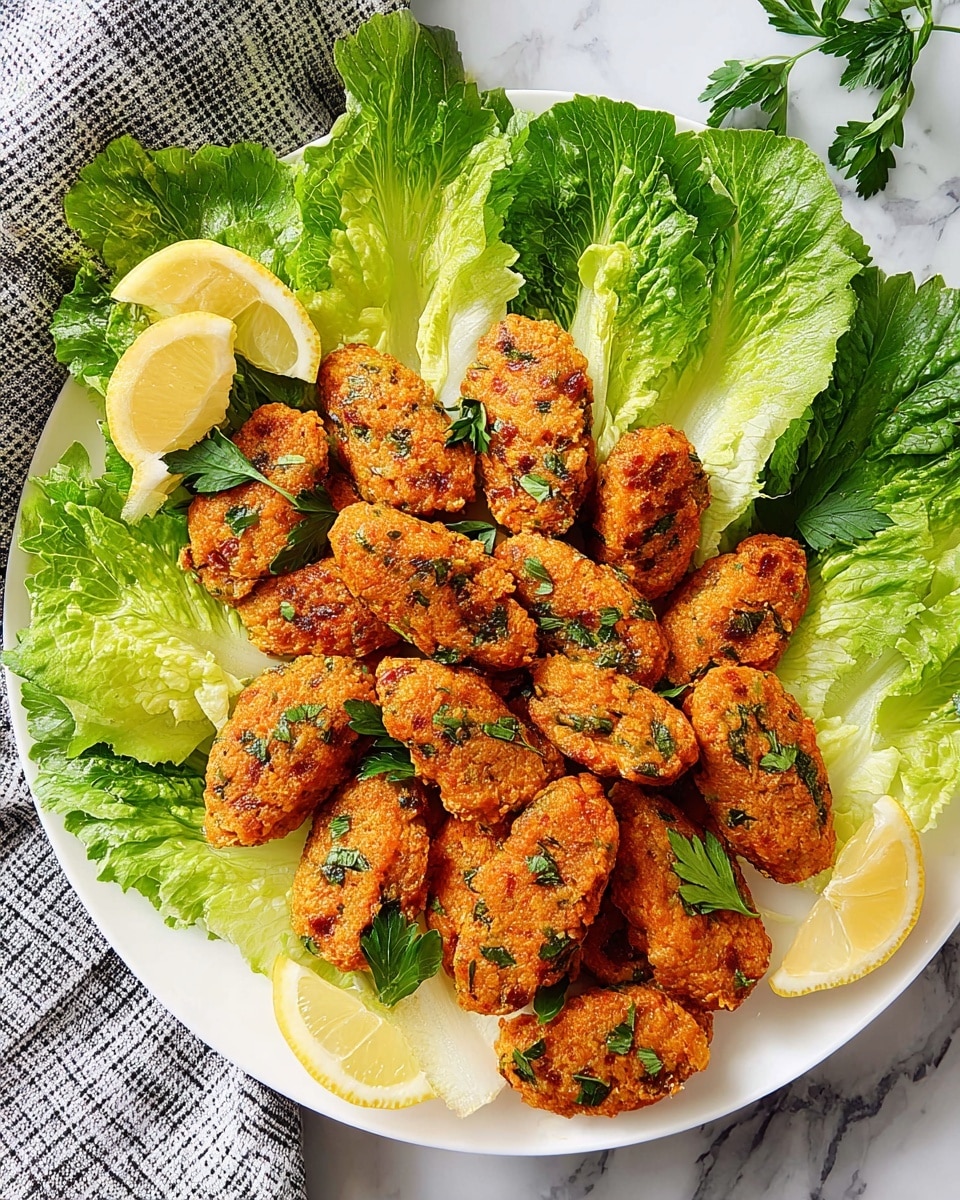A white plate holds about twenty small, oval-shaped, reddish-orange patties flecked with green herbs, arranged in a piled, slightly messy way. Around the edges of the plate, there are six large bright green lettuce leaves with a crisp texture, fanning out like a bed for the patties. Small pale yellow lemon wedges are placed both on the patties and around them, adding contrast with their fresh, shiny look. A few sprigs of flat green parsley are scattered across the stack, adding more green touches. The plate sits on a white marbled surface with a grey and white checkered cloth partially visible nearby. Photo taken with an iphone --ar 4:5 --v 7