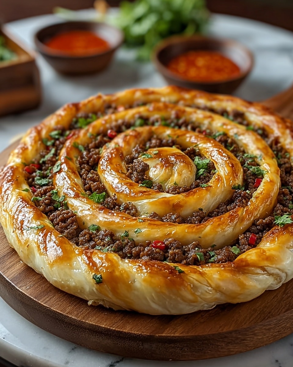 The dish is a round spiral pastry with three visible layers of golden-brown, shiny, braided dough twisted in a coil from the outside edge to the center. Between these dough layers, there is a thick filling of cooked minced meat that is dark brown and slightly crumbly. Small green herbs and tiny red chili pieces are sprinkled throughout the meat, adding color contrast. The pastry sits on a wooden board placed on a white marbled surface, with blurred bowls of red sauce in the background. Photo taken with an iphone --ar 4:5 --v 7