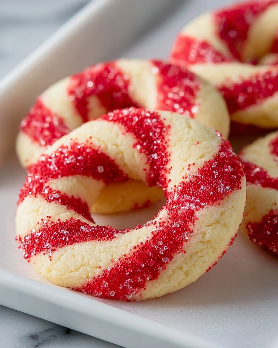 The image shows a close-up of a round cookie shaped like a twisted ring with two clear layers visible. The base layer is light cream with a smooth texture, while a bright red layer twists together with the cream, creating a candy cane look. The cookie is sprinkled lightly with red sugar granules, adding a slightly rough texture on top. The background is a white marbled surface that contrasts with the cookie’s colors. Photo taken with an iphone --ar 4:5 --v 7