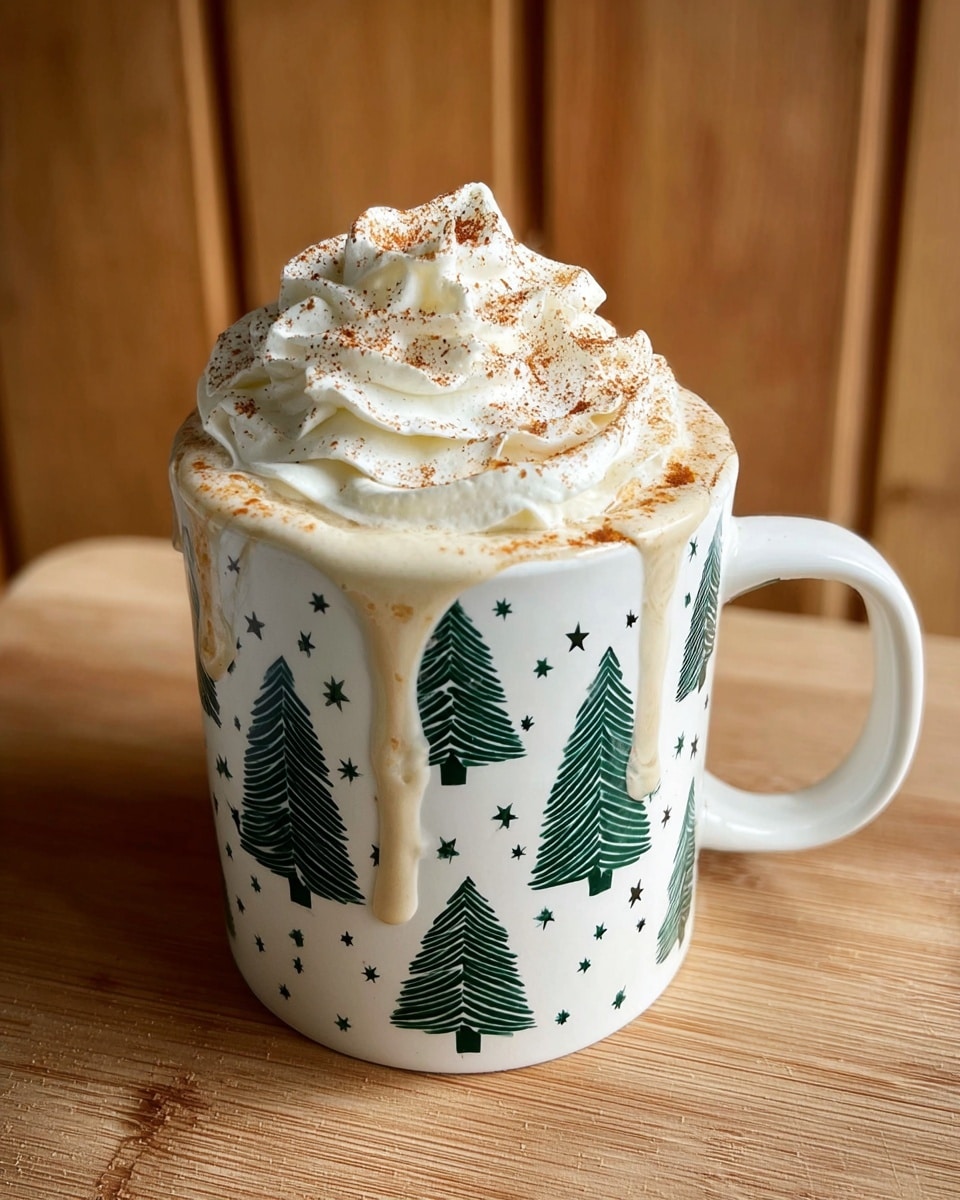 A white mug decorated with green Christmas trees and stars is filled to the brim with a creamy light brown drink. On top, a large swirl of white whipped cream dusted lightly with cinnamon creates a soft, fluffy peak. The drink is slightly overflowing, with a creamy liquid dripping down the side of the mug. The mug sits on a wooden surface with a wooden frame background. photo taken with an iphone --ar 4:5 --v 7