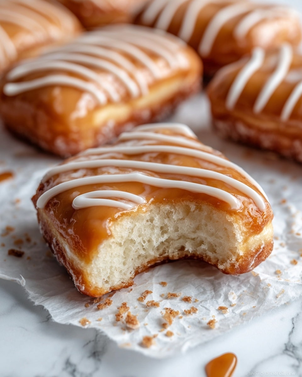 The image shows a close-up of a rectangular donut with a bite taken out of one end, revealing its soft, airy, and fluffy white inside. The donut has a thick, smooth layer of light caramel-colored glaze on top, with thin white icing stripes drizzled across it from side to side. The donut sits on crumpled white parchment paper scattered with small crumb pieces and a bit of caramel glaze. In the background, a few more donuts are slightly out of focus, all with the same caramel glaze and white icing stripes. The surface under the parchment paper is a white marbled texture. photo taken with an iphone --ar 4:5 --v 7