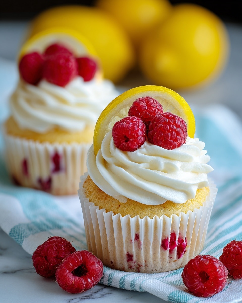 Two cupcakes sit on a white marbled surface with light blue and white striped cloth underneath. Each cupcake has a base layer of golden yellow cake with red raspberry bits visible inside the white paper wrapper. On top is a thick, swirled layer of creamy white frosting. A thin yellow lemon slice rests on the frosting, and three bright red raspberries are placed on top of the lemon slice. Some loose raspberries are scattered on the surface nearby. In the background, two whole yellow lemons are softly out of focus. Photo taken with an iphone --ar 4:5 --v 7