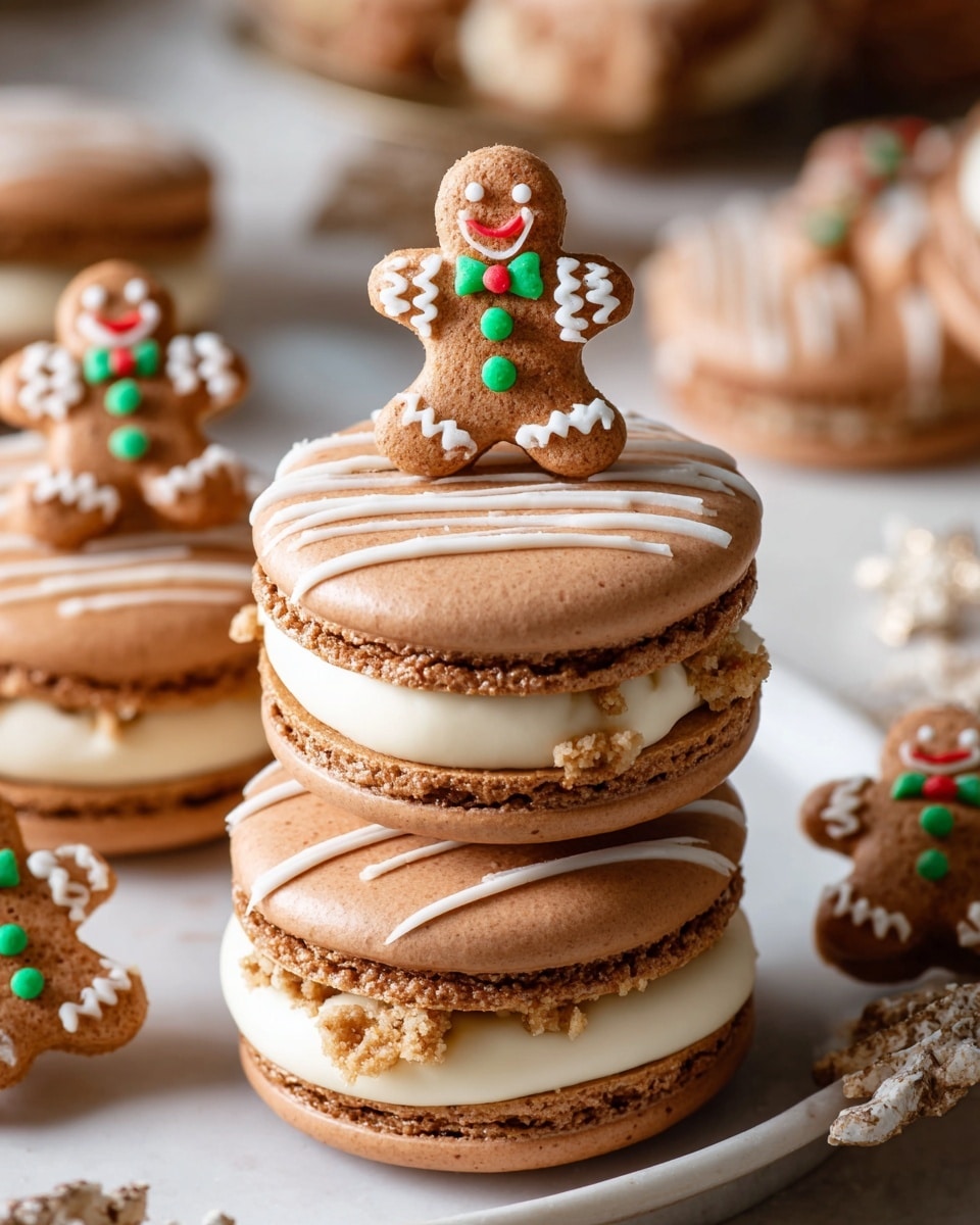 A stack of three brown macarons each with two thick layers, the bottom layer is a light brown chunky filling, followed by a creamy, smooth white layer in the middle, topped with a smooth brown macaron shell decorated with thin white icing stripes. On top of the front macaron sits a small gingerbread cookie shaped like a person, decorated with green, red, and white icing. The macarons rest on a white plate with a white marbled surface in the background, with more macarons and gingerbread cookies slightly blurred around them. photo taken with an iphone --ar 4:5 --v 7