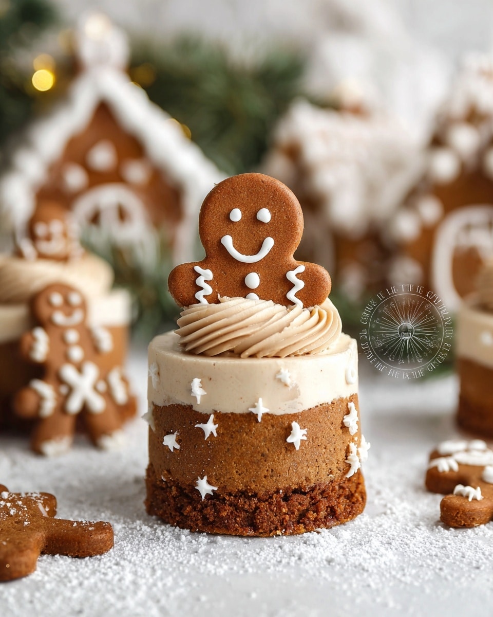 The image shows a cute gingerbread man dessert with three layers. The base layer is a crumbly brown gingerbread cookie in the shape of legs and arms. The middle layer is a thick, light brown round cheesecake with a slightly rough texture, decorated with small white icing dots resembling buttons and white icing squiggles on the arms and legs. On top of the cheesecake sits a smooth swirl of light brown mousse, and above it is a round gingerbread cookie face with a smiling white icing facial expression. The dessert sits on a white marbled surface dusted with powdered sugar, with blurred gingerbread houses and more decorated gingerbread figures in the soft-focus background. Photo taken with an iphone --ar 4:5 --v 7