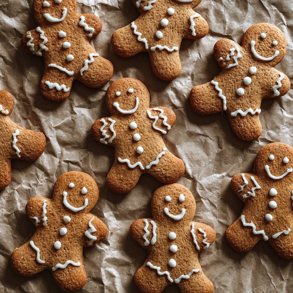 A group of gingerbread cookies shaped like little people are spread out on crumpled brown paper. Each cookie is golden brown with smooth, slightly grainy texture and decorated with white icing lines making simple smiling faces, buttons, and zigzag patterns on arms and legs. The background is a white marbled texture. Photo taken with an iphone --ar 4:5 --v 7