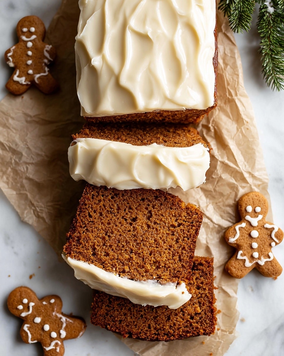 The image shows three slices of moist brown cake with a dense texture, each layered with a thick, smooth white frosting in the middle. The slices are stacked on top of a white-frosted cake base, which is glossy and creamy. The cake sits on a piece of parchment paper that contrasts with the white marbled surface underneath. In the background, there are small white and brown gingerbread decorations partially visible. Photo taken with an iphone --ar 4:5 --v 7