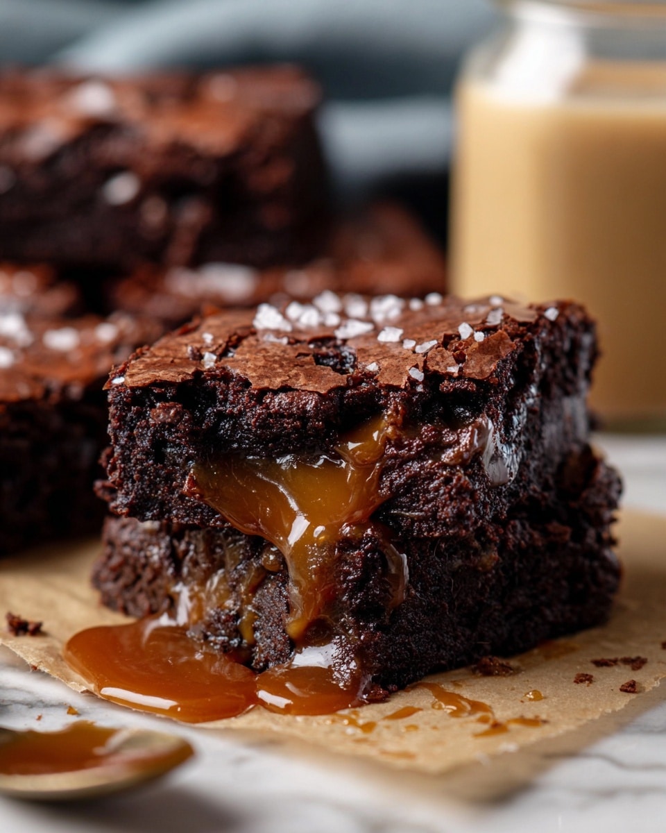 The image shows a close-up of two stacked brownies on a white marbled surface. The brownies are thick with three visible layers: the top layer is dark brown with a rough, crumbly texture; the middle layer appears gooey and caramel-colored, slightly oozing out; the bottom layer is dense and moist with a glossy chocolate look. Small chunks of chocolate are visible inside the brownies, and the edges show a slightly cracked texture. There is a soft, warm light giving a cozy feel to the scene. Photo taken with an iphone --ar 4:5 --v 7