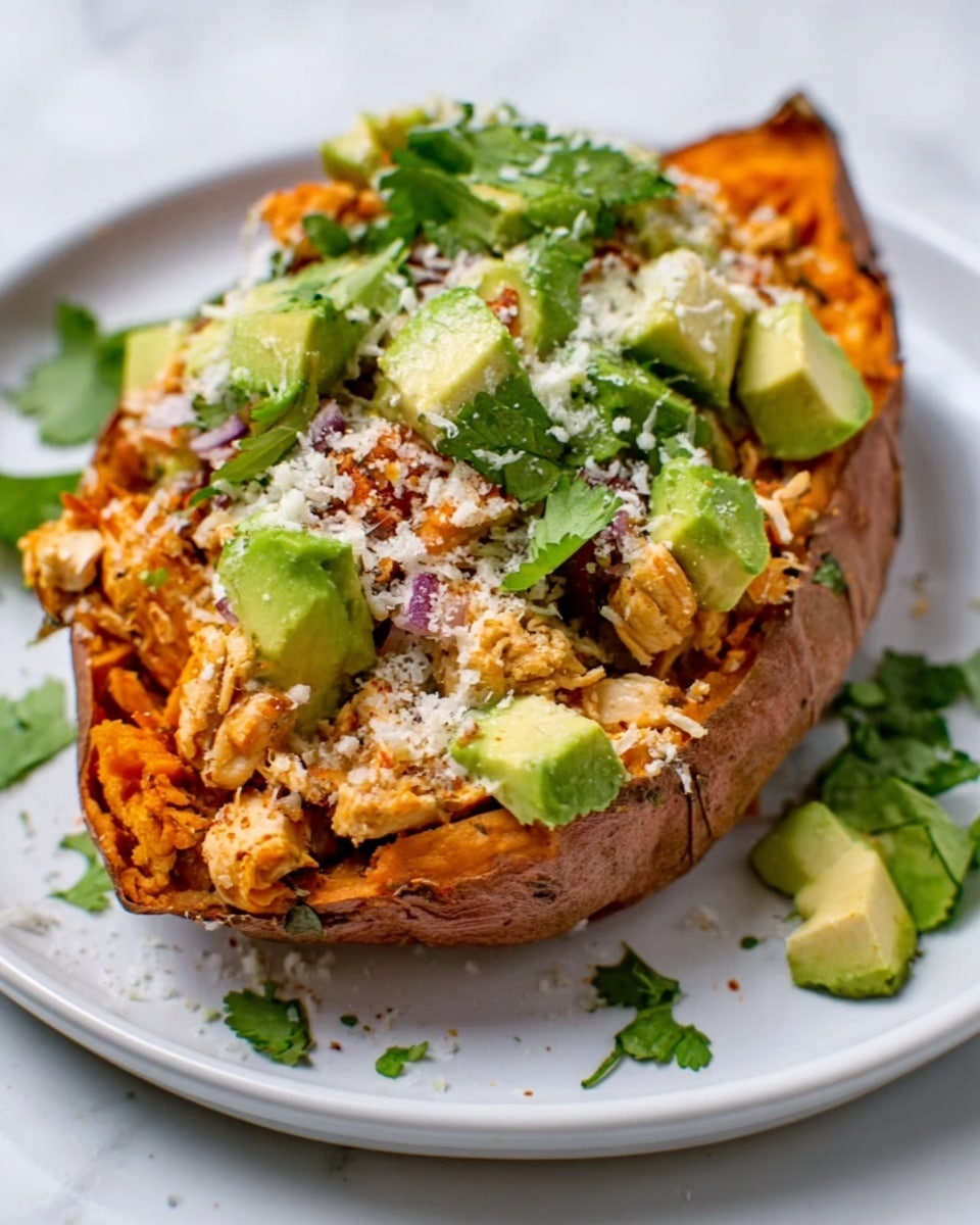 The image shows a stuffed sweet potato cut in half, with two visible layers on each half. The bottom layer is the soft, orange flesh of the baked sweet potato with a slightly rough texture. On top of this is a layer of cooked ground meat mixed with small bits of green herbs, giving a crumbly texture with brown and green colors. The top layer is melted yellow cheese that looks creamy and gooey, covering the meat and pooling slightly at the edges. Fresh green avocado chunks and tiny green herb leaves are scattered on top, adding a fresh touch and contrasting colors. The dish is presented on a white plate with a white marbled texture background. Photo taken with an iphone --ar 4:5 --v 7