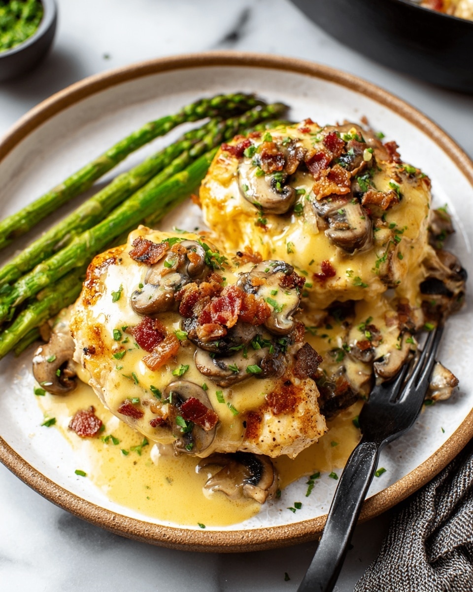 Two thick, golden brown chicken breasts sit on a white plate with a light brown rim, each topped with a creamy, melting yellow cheese sauce mixed with sautéed brown mushrooms and crispy reddish-brown bacon bits, sprinkled with small green chopped herbs. Around the chicken, there is a creamy light yellow sauce pooling on the plate. To one side, several spears of bright green grilled asparagus add color and texture. A black fork rests on the plate edge next to the asparagus, all set on a white marbled surface. Photo taken with an iphone --ar 4:5 --v 7