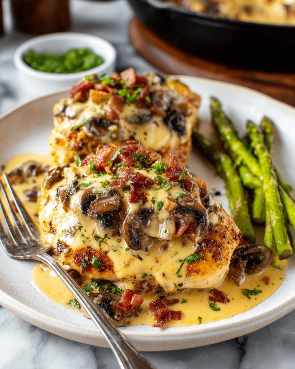 Two thick pieces of grilled chicken breast sit on a white plate, covered with a creamy yellow cheese sauce mixed with dark brown sliced mushrooms and small crispy pieces of reddish-brown bacon. The chicken is golden brown and slightly charred on the edges. There are green chopped herbs sprinkled on top and around the chicken. On the right side of the plate, there are a few bright green grilled asparagus spears. A silver fork rests on the plate next to the asparagus. The plate is on a white marbled surface with a blurred background that includes a small bowl of green herbs and part of a black pan in the distance. Photo taken with an iphone --ar 4:5 --v 7