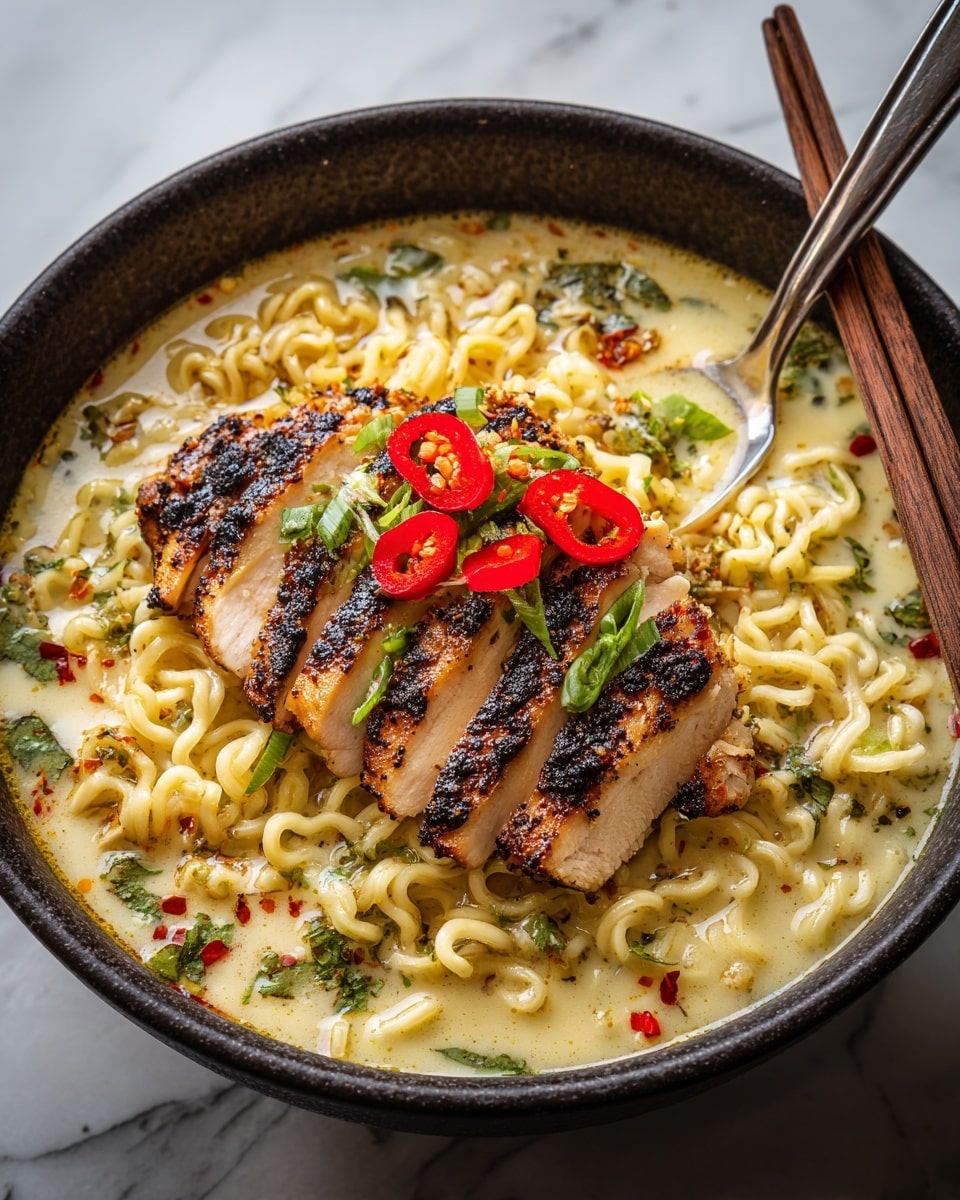 A deep white bowl filled with creamy broth and wavy, light yellow noodles that take up most of the space, topped with several slices of grilled chicken that have a dark, charred crust and tender white insides, positioned neatly in the center. Bright red chili slices and green chopped scallions sit on top of the chicken, adding vibrant colors, with small scattered herbs and chili oil drops dotting the broth. A silver spoon rests inside the bowl on the right side, and a pair of brown wooden chopsticks lies across the bowl’s edge. The bowl sits on a white marbled surface. photo taken with an iphone --ar 4:5 --v 7