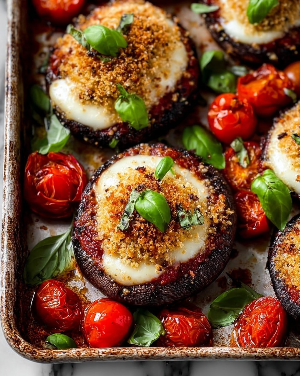 The image shows a close-up of stuffed portobello mushrooms on a baking tray against a white marbled texture. Each mushroom has three visible layers: the dark brown mushroom base, a layer of red tomato sauce inside the mushroom cap, and melted white cheese on top, covered with a golden-brown crispy breadcrumb layer. Fresh green basil leaves garnish the mushrooms and the bright red roasted cherry tomatoes scattered around them, adding vibrant color contrasts. The tray edges are slightly visible, showing a rustic, well-used look. photo taken with an iphone --ar 4:5 --v 7