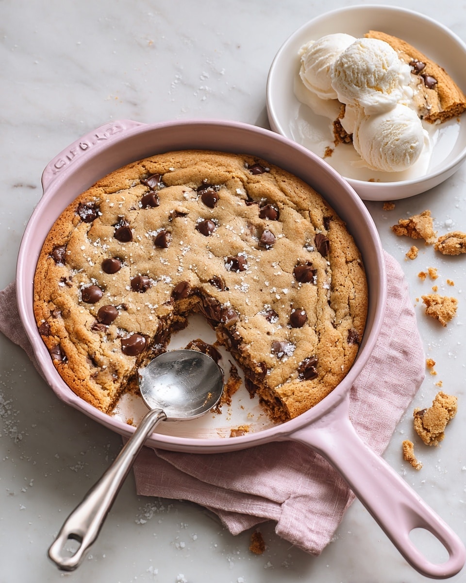 A large, round chocolate chip cookie baked in a light pink skillet with creamy white inside, showing a golden brown top sprinkled with salt flakes and evenly spread dark chocolate chips; one slice is scooped out with a shiny metal spoon resting inside the skillet, revealing a soft, chewy interior. Next to the skillet, on a folded light pink cloth on a white marbled surface, is a white bowl holding two large scoops of vanilla ice cream sitting on a broken piece of the same cookie, crumbs scattered around both the bowl and skillet. Photo taken with an iphone --ar 4:5 --v 7