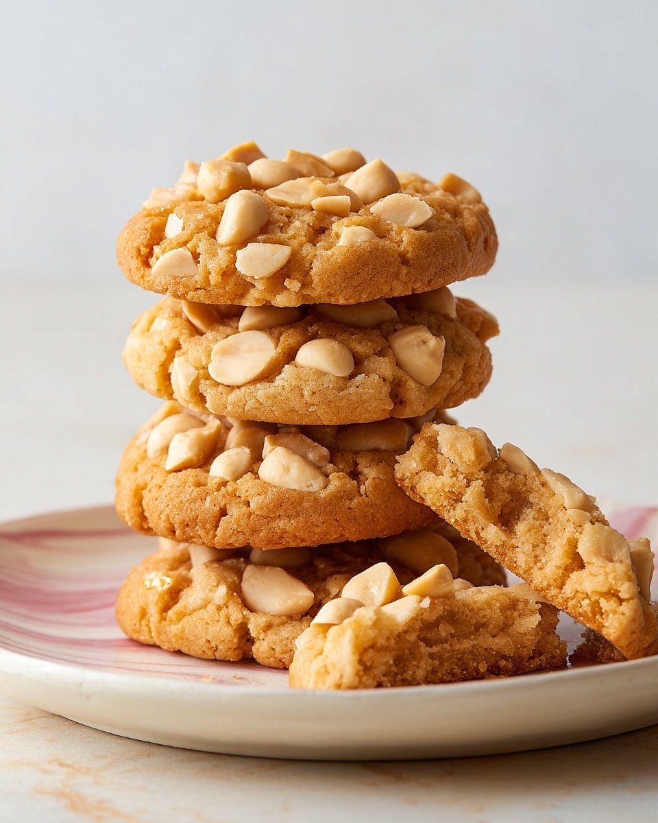 A white plate sits on a white marbled surface, piled with a stack of seven golden-brown cookies covered generously with light beige pine nuts on their top surfaces. The cookies have a slightly rough texture with small cracks visible, and the nuts add a smooth, rounded contrast. Around the base of the stack, several more cookies lie flat, overlapping each other, showing the same nut-studded tops and crumbly edges. The soft lighting highlights the warm colors and textures, focusing closely on the cookies against a soft, neutral background. photo taken with an iphone --ar 4:5 --v 7