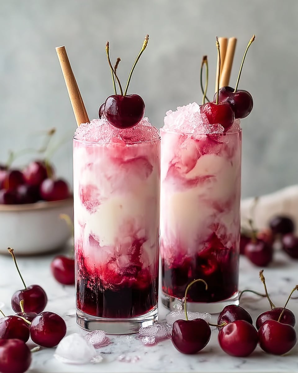 Two tall clear glasses filled with a three-layered cherry drink are shown on a white marbled surface. The bottom layer is a dark red cherry syrup with bits of fruit, the middle layer is a swirled mix of light pink and white, giving a creamy effect, and the top layer is crushed ice with a hint of pink tint from the syrup. Each glass is garnished with large, dark red cherries with stems sticking out above the ice and has a light brown straw placed on the side. More fresh cherries are scattered around the glasses on the surface. Photo taken with an iphone --ar 4:5 --v 7