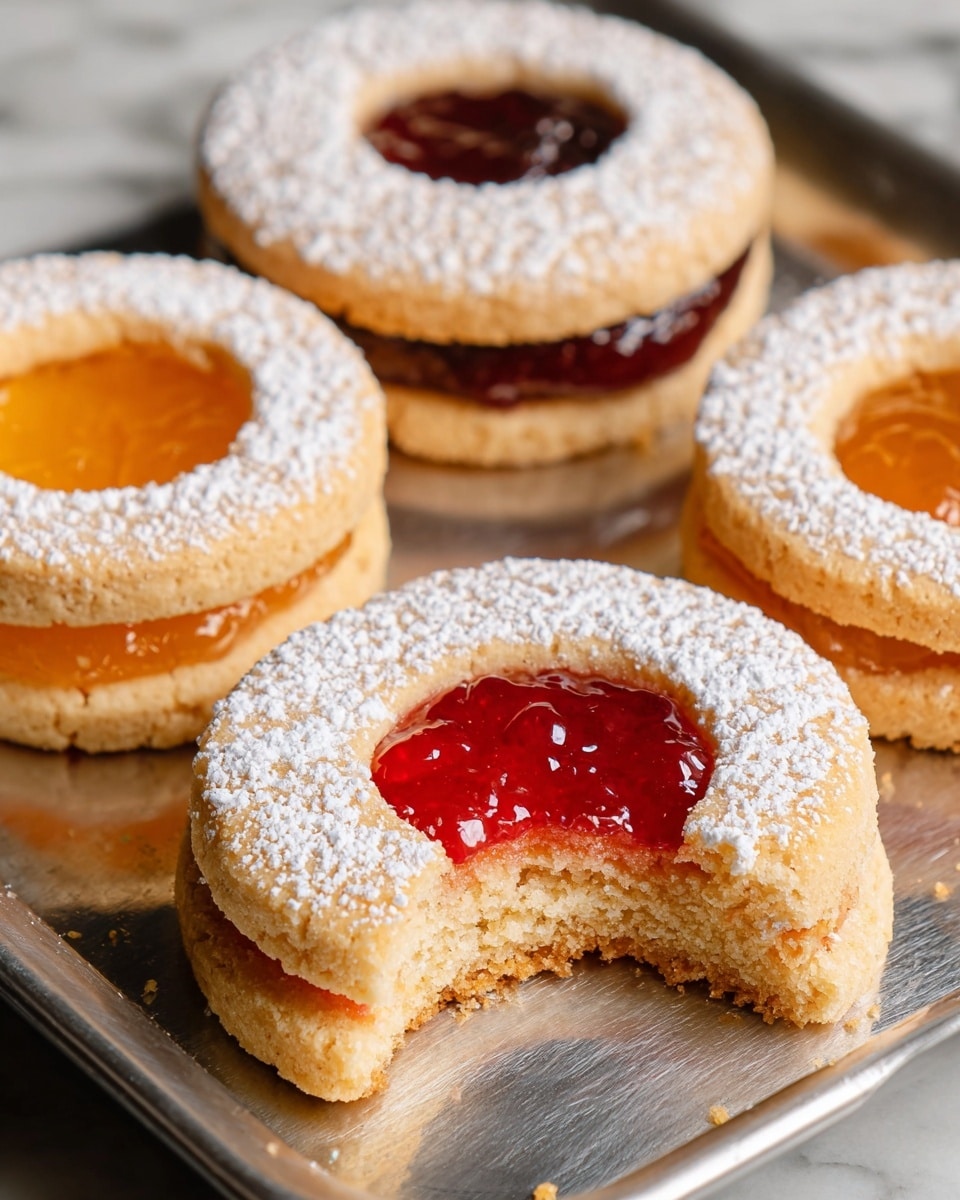 The image shows several round sandwich cookies arranged closely on a light brown parchment paper, placed on a white marbled texture. Each cookie has two layers, a bottom solid cookie with a golden-brown color and slightly rough texture, and a top cookie with a circular cut-out center, revealing a glossy jam inside. The top cookie is dusted with powdered sugar covering the whole surface, creating a soft, white texture. The jams inside vary in color: some are red, while others are orange, both shiny and smooth. Some jam has slightly spilled around the edges, adding a touch of glossiness to the surface. Photo taken with an iphone --ar 4:5 --v 7