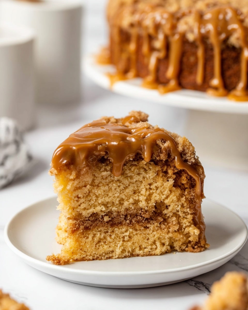 A round cake with two layers is shown on white parchment paper over a white marbled surface. The cake's thick bottom and middle layers are light golden brown and moist, separated by a thin layer of crushed cookie or crumb filling. The top is covered with a thick crumbly layer of cookie crumble that is golden to dark brown. A generous drizzle of smooth caramel sauce in a crisscross pattern covers the crumb topping, dripping slightly down the sides. A slice is being lifted from the cake with a shiny metal spatula, showing the cake's soft texture inside. In the background, some rectangular caramel cookies and a container with a label are partially visible, and a striped cloth is at the edge of the surface. photo taken with an iphone --ar 4:5 --v 7