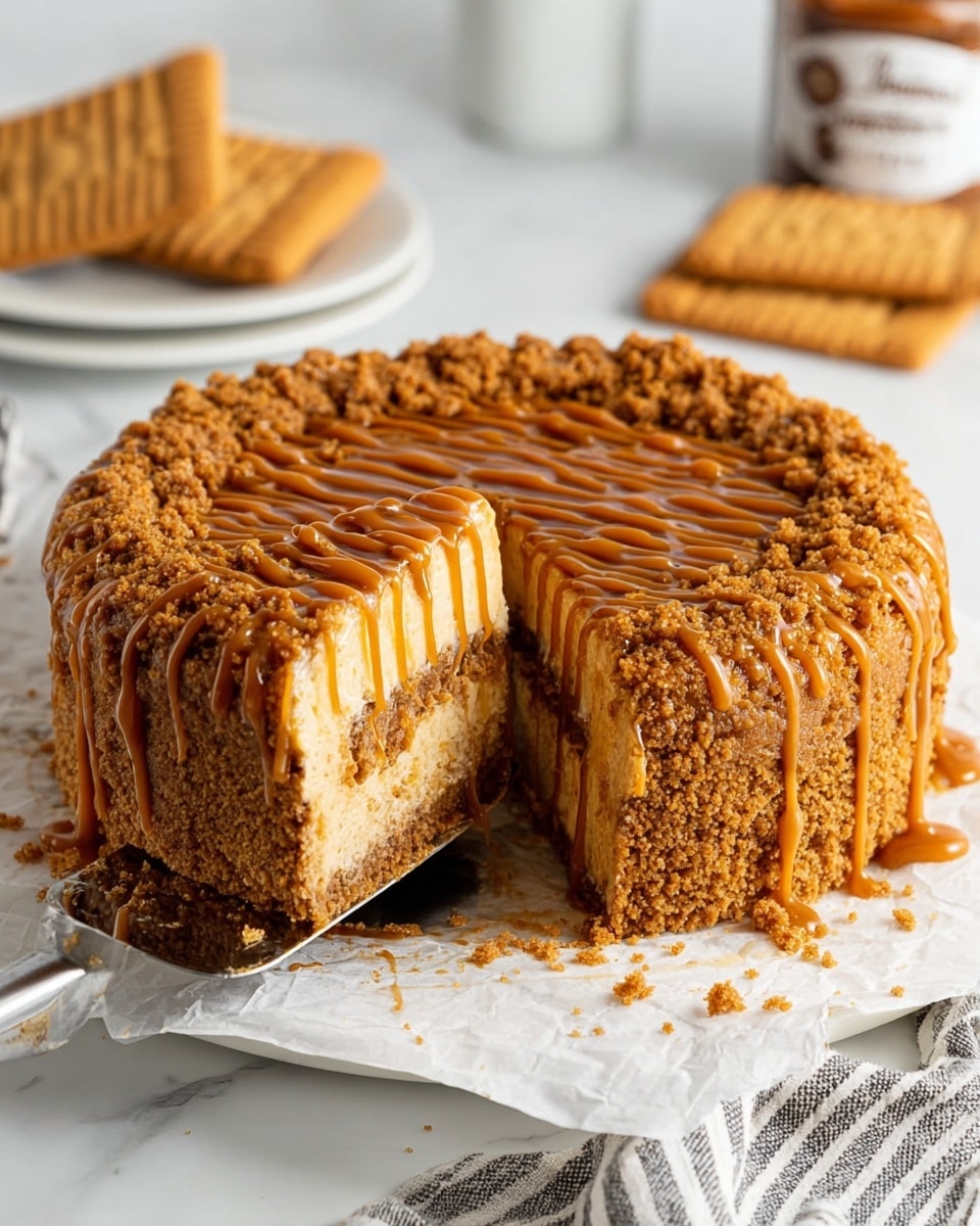 A single slice of moist, golden brown crumb cake sits on a small, round white plate. The cake has two visible layers, separated by a thin line of cinnamon-speckled crumb filling. The top layer is thickly coated with glossy, caramel-colored glaze that drips messy edges down the sides of the slice. The crumb texture is soft but dense with small, uneven pockets throughout. In the background, a larger part of the crumb cake with the same caramel drizzle is blurred, as well as some white kitchen items resting on a white marbled surface. photo taken with an iphone --ar 4:5 --v 7