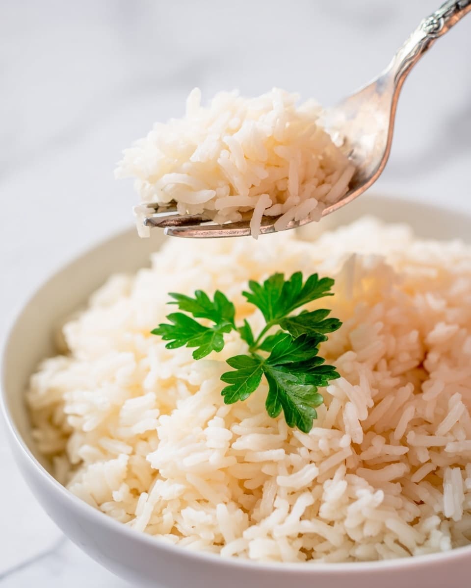 A close-up of a bowl filled with plain white cooked rice showing individual soft, slightly translucent grains piled loosely. On top of the rice in the bowl sits a small sprig of fresh bright green parsley for garnish. A silver fork lifts a small portion of the rice above the bowl, highlighting the grain texture. The bowl is white, sitting on a surface with a white marbled texture, and the background is softly blurred to keep focus on the rice and fork. photo taken with an iphone --ar 4:5 --v 7