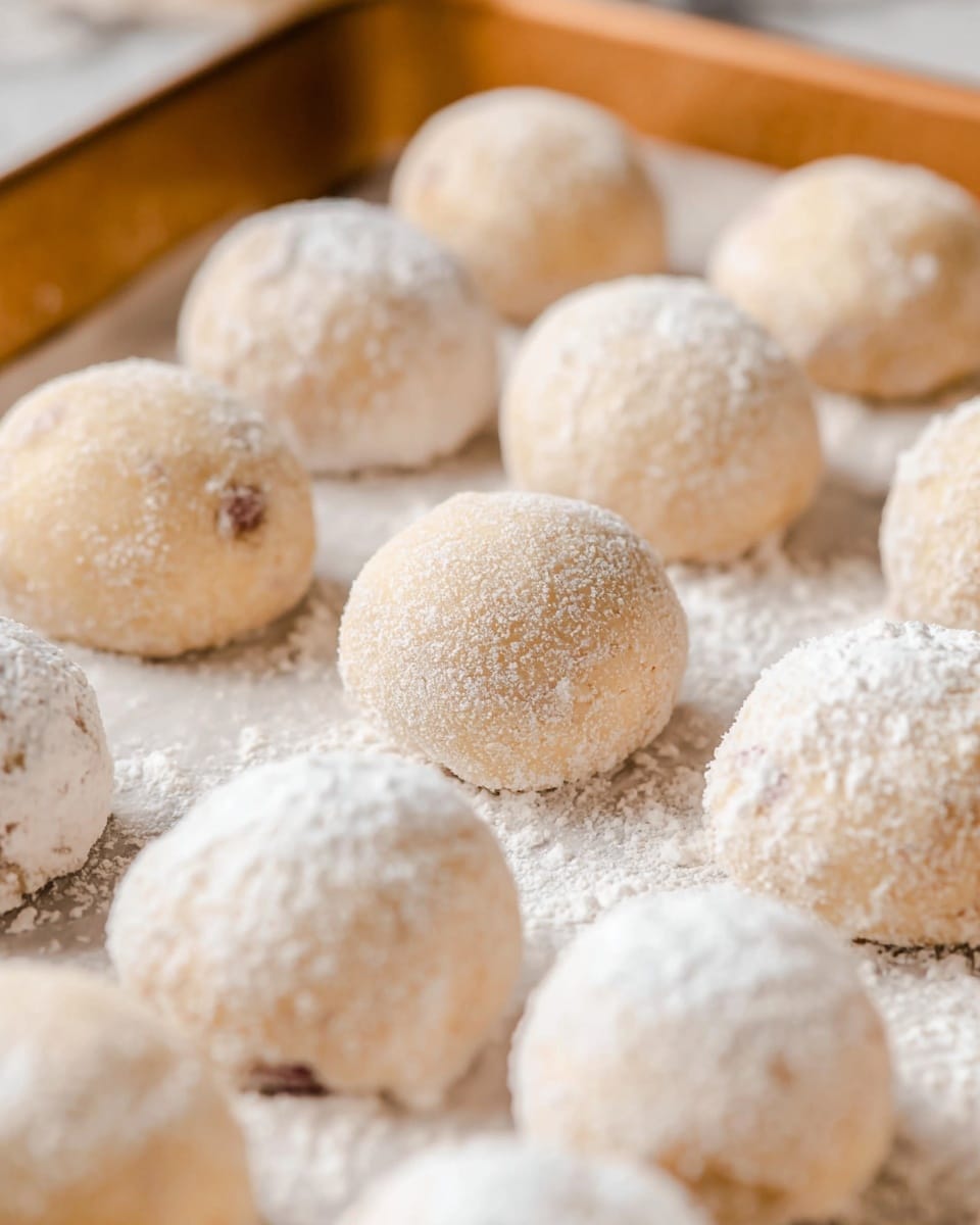The image shows round dough balls arranged on a baking sheet with a light beige color and a slightly rough sugar coating, some coated with a white powdery layer, giving a soft texture. The dough balls are placed closely in rows, with the front ones sharply in focus and the back ones blurred, creating depth. The background features a white marbled texture that complements the light colors of the dough balls. photo taken with an iphone --ar 4:5 --v 7