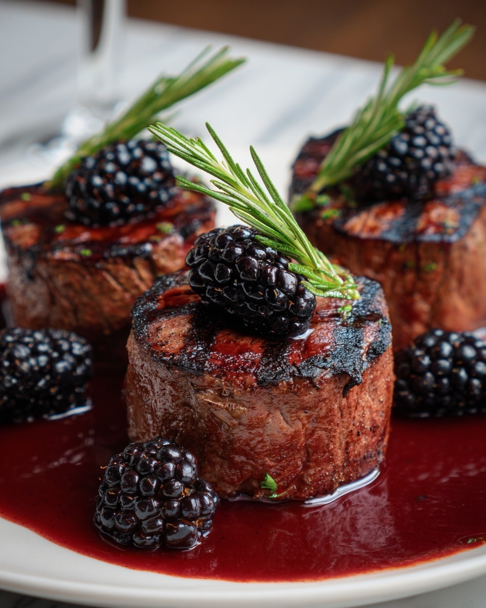 Three thick, round pieces of grilled steak with charred, dark brown tops sit on a pool of glossy, deep red sauce on a white plate. Each steak is topped with a sprig of bright green rosemary and a plump, shiny black blackberry. Additional sprigs of rosemary and blackberries are scattered on the sauce around the steaks. The background is a soft-focused white marbled texture. Photo taken with an iphone --ar 4:5 --v 7