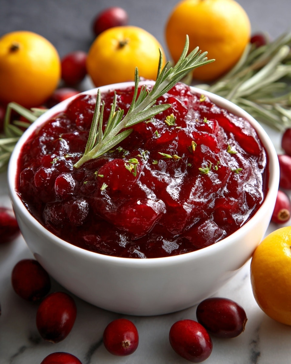 A white bowl filled with a thick, glossy layer of deep red cranberry sauce with a chunky texture sits in the center. The sauce is garnished with small green herb leaves and two long sprigs of fresh rosemary placed diagonally on top. Around the bowl, whole bright red cranberries and three yellow-orange citrus fruits are scattered on a white marbled surface, adding color contrast and freshness to the image. photo taken with an iphone --ar 4:5 --v 7