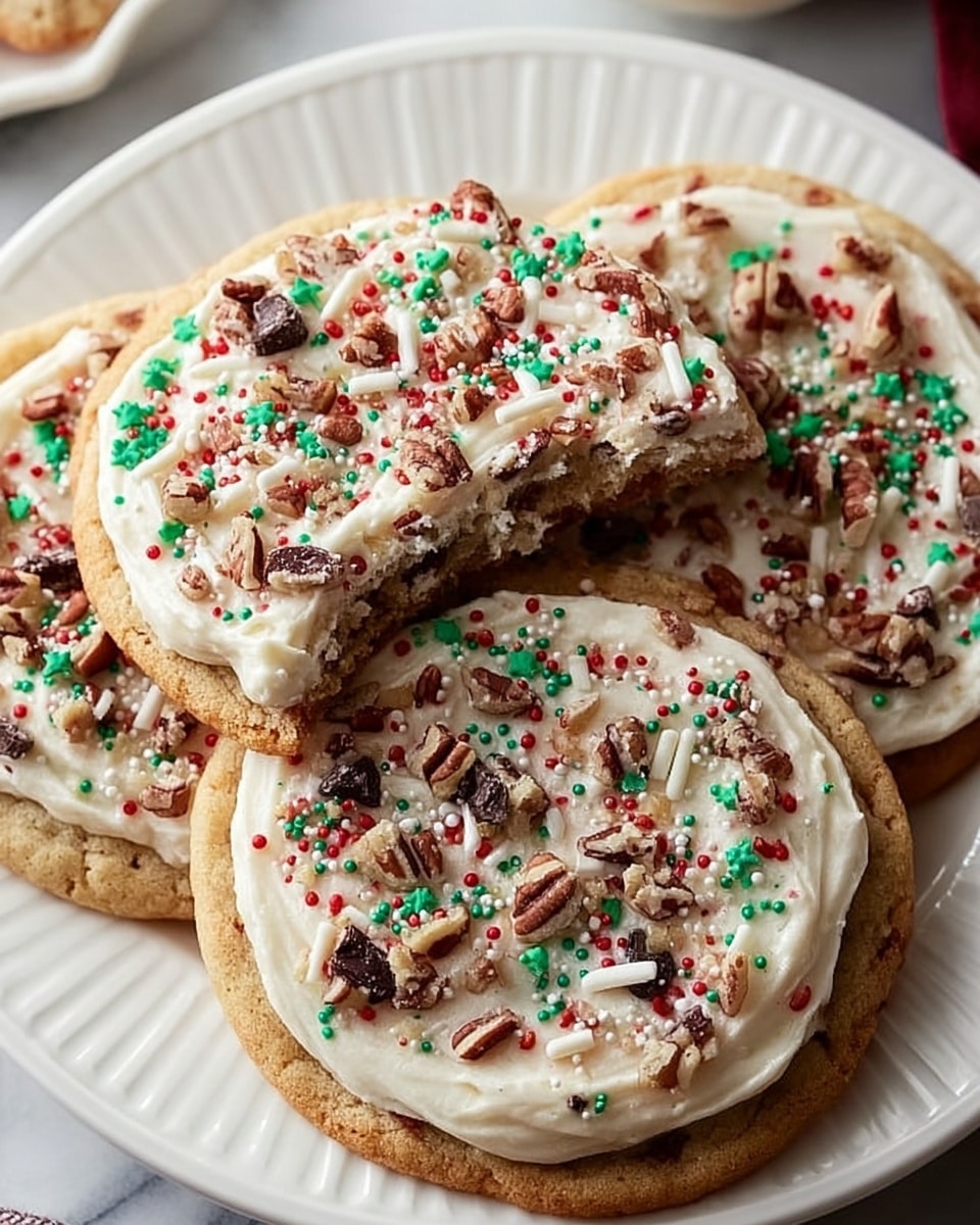 The image shows a white plate with four round sugar cookies layered with a thick spread of white frosting on top. The frosting is smooth with a creamy texture and is sprinkled generously with small red, green, and white sugar sprinkles, along with chopped pecans and small chunks of dark chocolate evenly scattered over the frosting. Two of the cookies stay whole, while two are cut in half, exposing a soft, light brown cookie base with a slightly chewy texture inside. The plate rests on a white marbled surface with a blurred green background hinting at festive decorations. Photo taken with an iphone --ar 4:5 --v 7