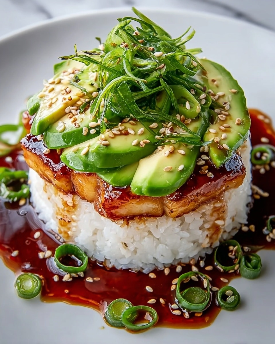A white plate holds a neat round stack of food with three layers on a white marbled surface. The bottom layer is a dense circle of white rice. On top of the rice is a layer of shiny, glazed cooked fish with a golden-brown color and a slightly crispy texture. Surrounding the fish are fresh green avocado slices. The top layer is a small pile of thinly sliced dark green scallions for a fresh, curled texture. The stack is drizzled with a dark brown sauce that pools slightly around the base and is sprinkled with light beige sesame seeds. Scattered green scallions and drops of sauce decorate the plate. Photo taken with an iphone --ar 4:5 --v 7