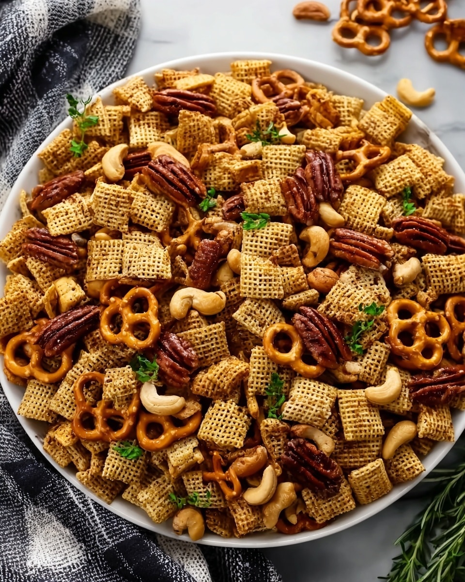 Savory Baked Chex Mix with Crunchy Nuts and Spicy Seasoning Recipe