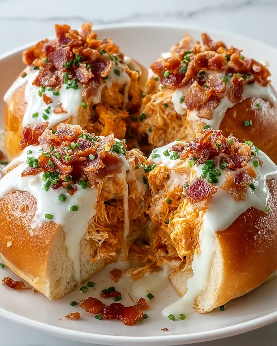Four soft bread rolls are topped with shredded, orange-spiced chicken filling that is visible in the cut sections. A creamy white sauce is drizzled over each roll, with crispy bacon bits and small green chives sprinkled generously on top. The bread is golden brown with a smooth texture. The dish is presented on a white plate, placed on a white marbled surface. photo taken with an iphone --ar 4:5 --v 7