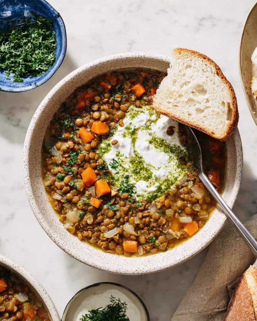 Mediterranean Lentil Soup with Herb Oil and Yogurt Sauce Recipe