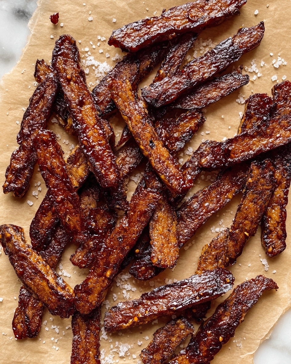 A close-up view of many thin, rectangular strips of crispy, golden-brown tempeh with a slightly charred texture along the edges, laid out scattered on a piece of light brown parchment paper over a white marbled surface. Each strip has visible grainy patterns and is sprinkled with coarse salt flakes that catch the light. The tempeh pieces show a mix of shiny, caramelized areas and darker, almost blackened parts, giving a crunchy and well-cooked look. Photo taken with an iphone --ar 4:5 --v 7
