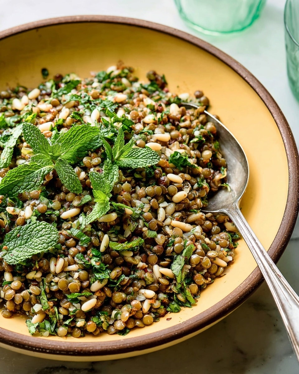 A close-up of a yellow bowl with a brown rim filled with a lentil salad. The salad has about two layers: the base layer shows green and brown lentils mixed with small white pine nuts, and the top layer is scattered with fresh green herbs, including mint and parsley, giving a fresh and textured look. A silver spoon rests inside the bowl, partially scooping the salad. The bowl is placed on a surface with a white marbled texture, and there are light green glasses slightly blurred in the background. photo taken with an iphone --ar 4:5 --v 7