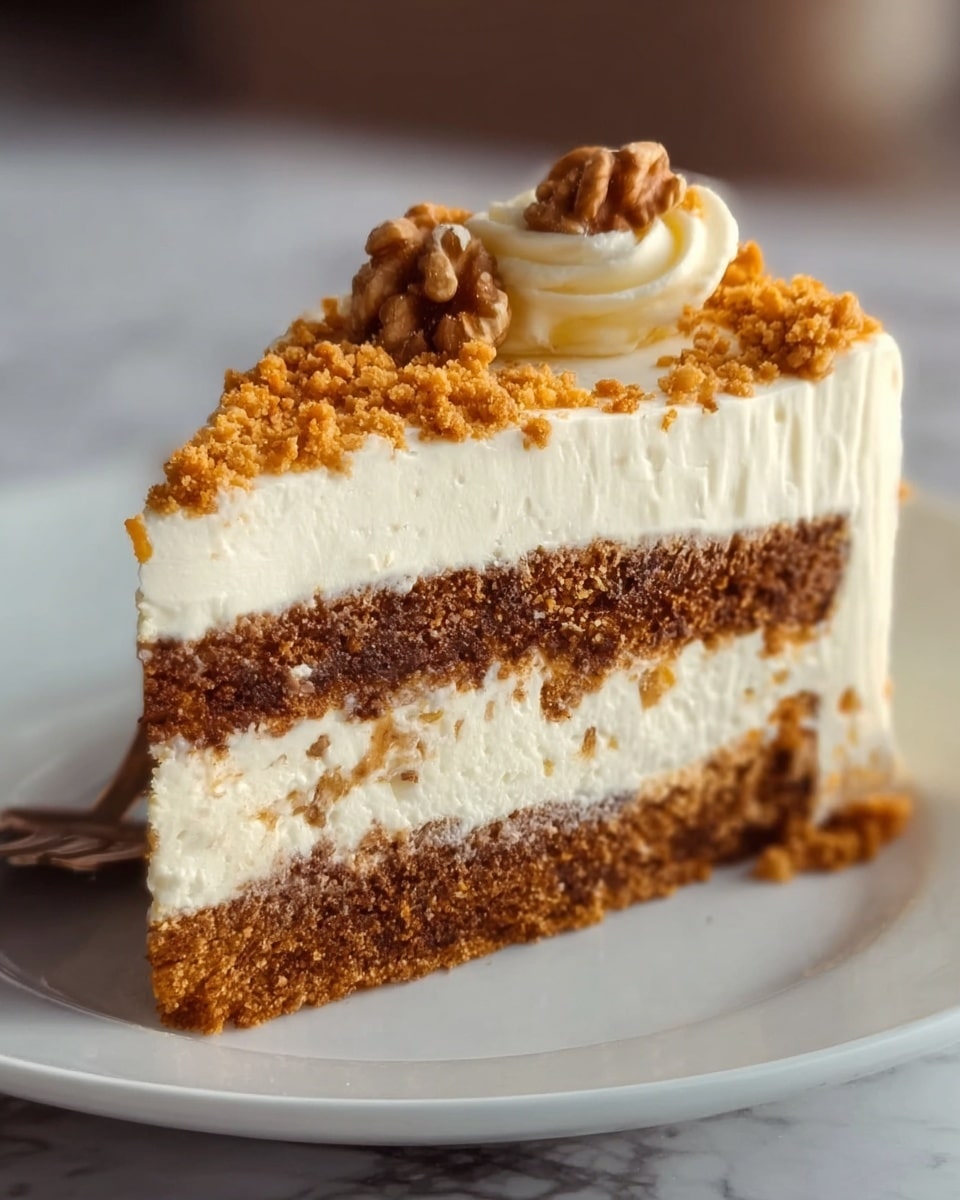 The image shows a slice of layered cake on a white plate, with three main layers visible. The bottom layer is a dark brown cake base, followed by a thick middle layer of white cream mixed lightly with brown crumbs. Above that is a thick top layer of smooth white cream. The top of the slice is decorated with small crunchy brown crumbs and a single walnut with some white cream on it. The plate is set on a white marbled textured surface. photo taken with an iphone --ar 4:5 --v 7