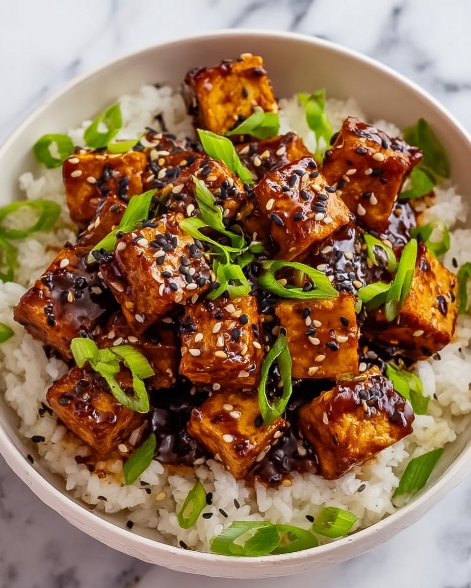 A white bowl filled with a base layer of fluffy white rice, topped with several golden-brown cubes of tofu coated in a shiny, dark brown sauce. The tofu pieces are sprinkled with small black and white sesame seeds. Fresh, bright green sliced scallions are scattered on top, adding a touch of color contrast. The bowl sits on a white marbled surface. Photo taken with an iphone --ar 4:5 --v 7