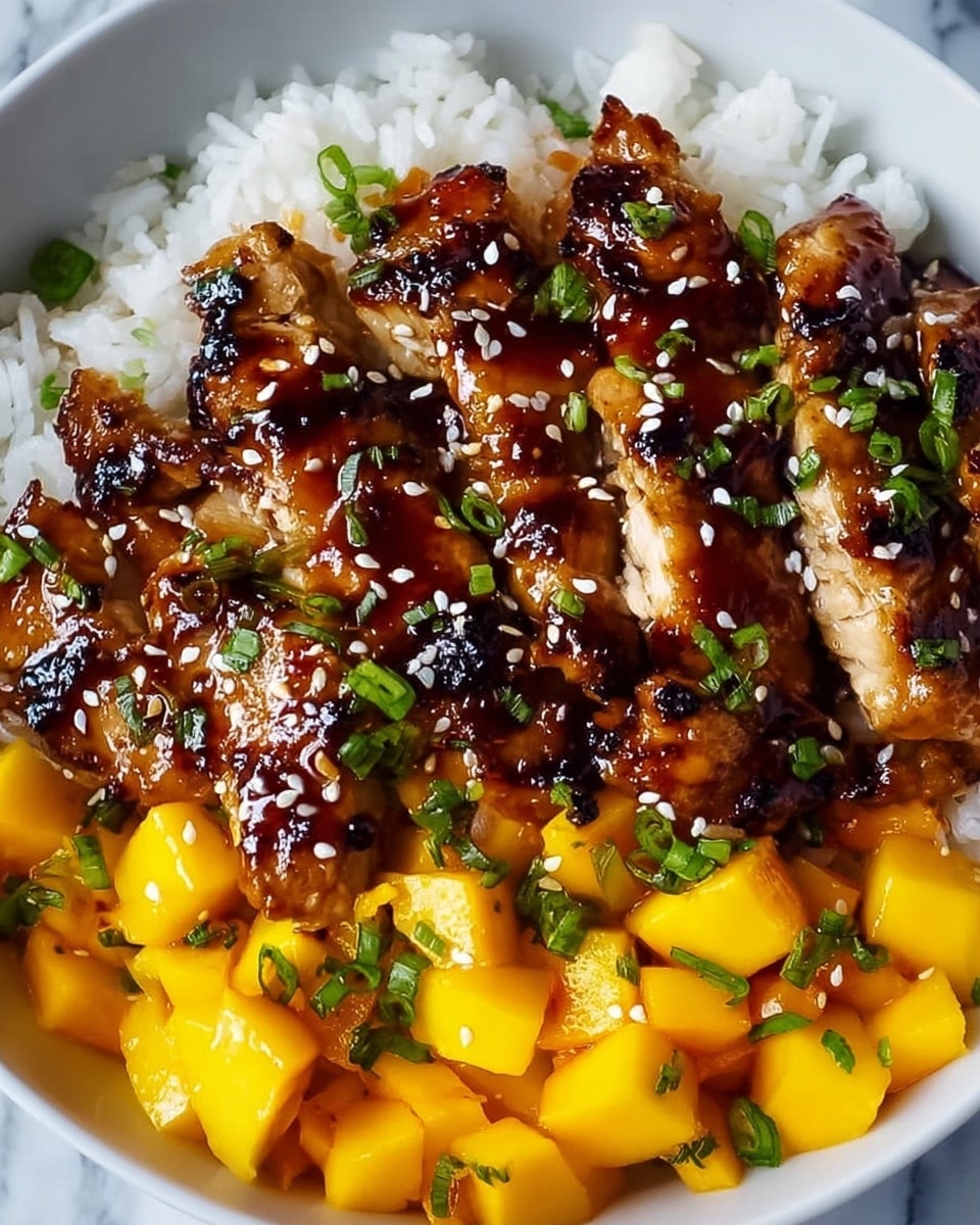 This image shows a close-up of a white bowl filled with three layers. The bottom layer is white rice with a fluffy texture. The middle layer consists of bright yellow diced mango chunks scattered around the rice. The top layer features sliced grilled chicken coated in a glossy, dark brown sauce with a slightly caramelized look, garnished with small white sesame seeds and chopped green onions. Some green herbs are also lightly spread on top and among the mango pieces. The bowl is placed on a white marbled surface. Photo taken with an iphone --ar 4:5 --v 7