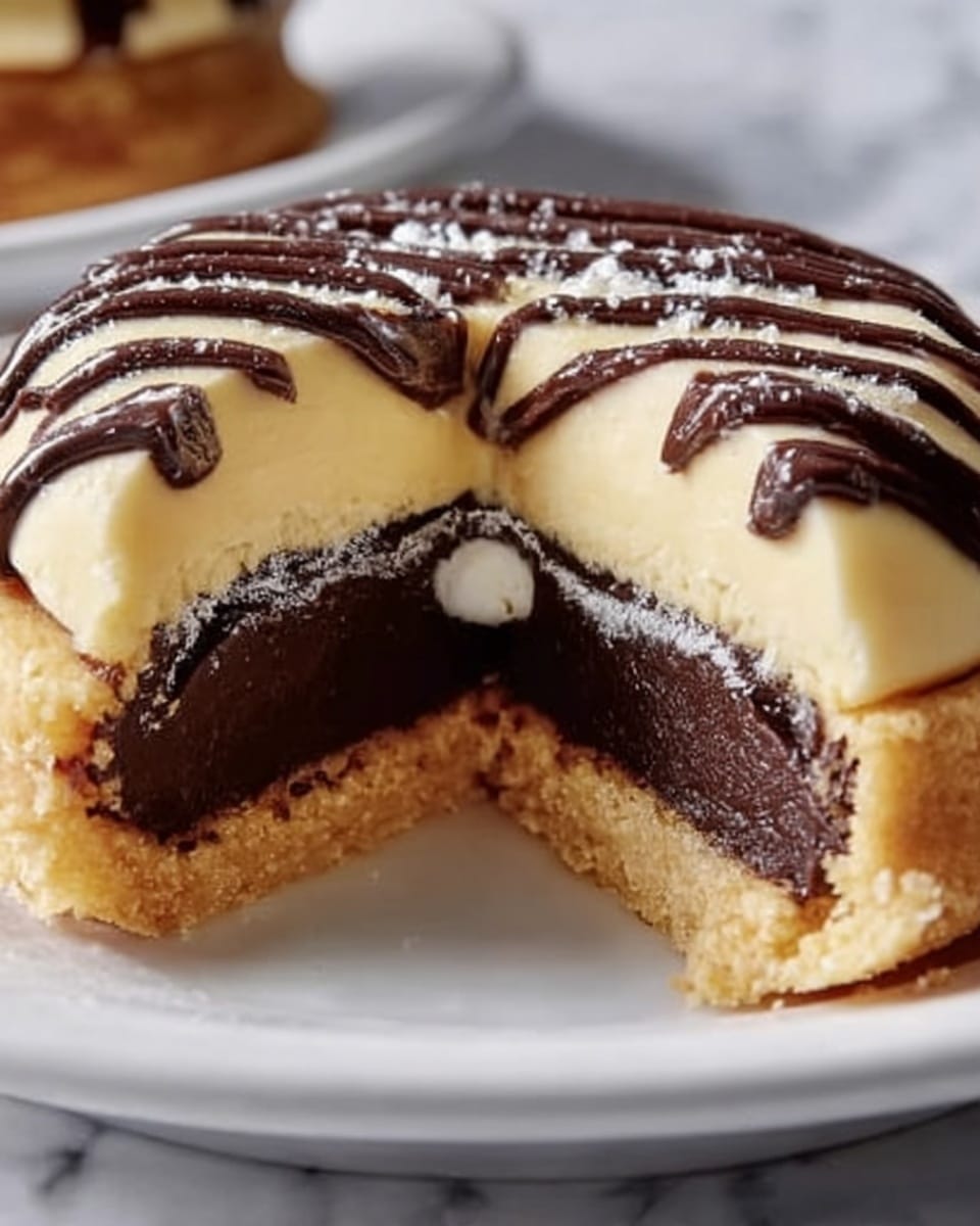 The image shows a close-up of a round dessert cut in half, revealing three distinct layers inside. The bottom layer is a light golden brown crust, smooth and firm. Above it is a thick, dark brown layer with a shiny, rich texture that looks like chocolate or a dense fudge. At the center of the dark layer is a small, white creamy spot that stands out clearly. The top layer is a light yellow, soft and smooth cream with a glossy finish, covered with thin lines of dark chocolate drizzled over it. The dessert sits on a white plate placed on a white marbled surface. Photo taken with an iphone --ar 4:5 --v 7